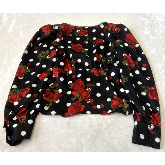 Zara Women Rose Print Long Sleeve Blouse XS Black Polka Dot Lace Trim Side Zip - Picture 3 of 8